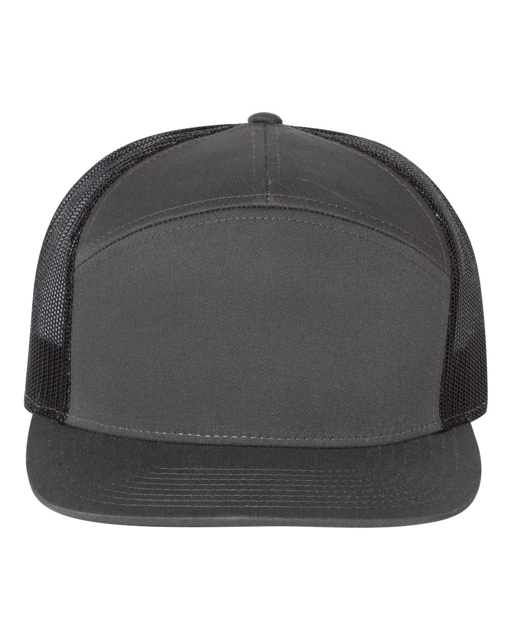 Seven-Panel Trucker Hat – Charcoal/Black (front)