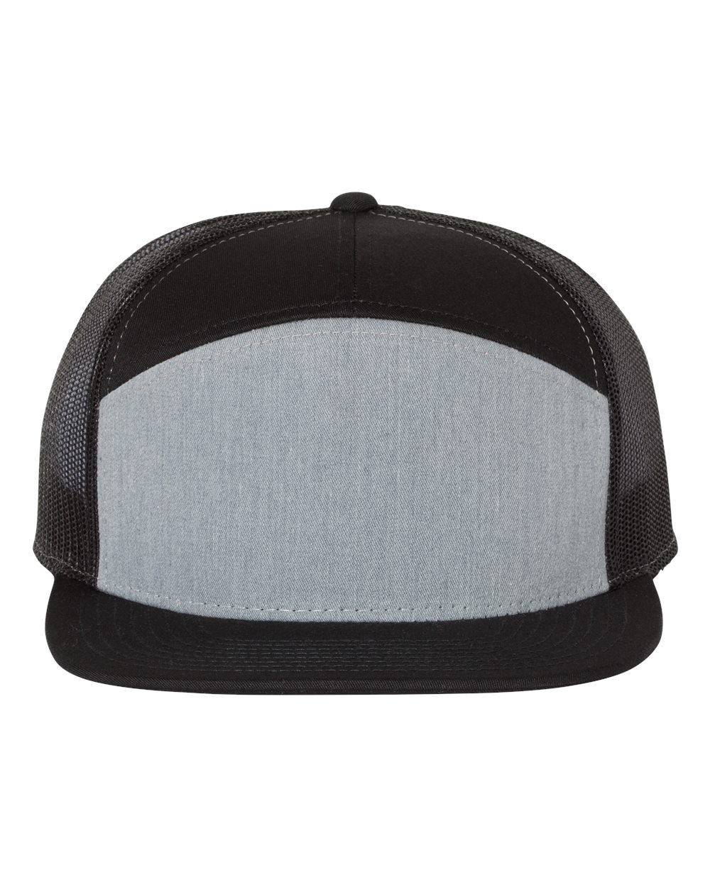 Seven-Panel Trucker Hat – Heather Grey/Black (front)