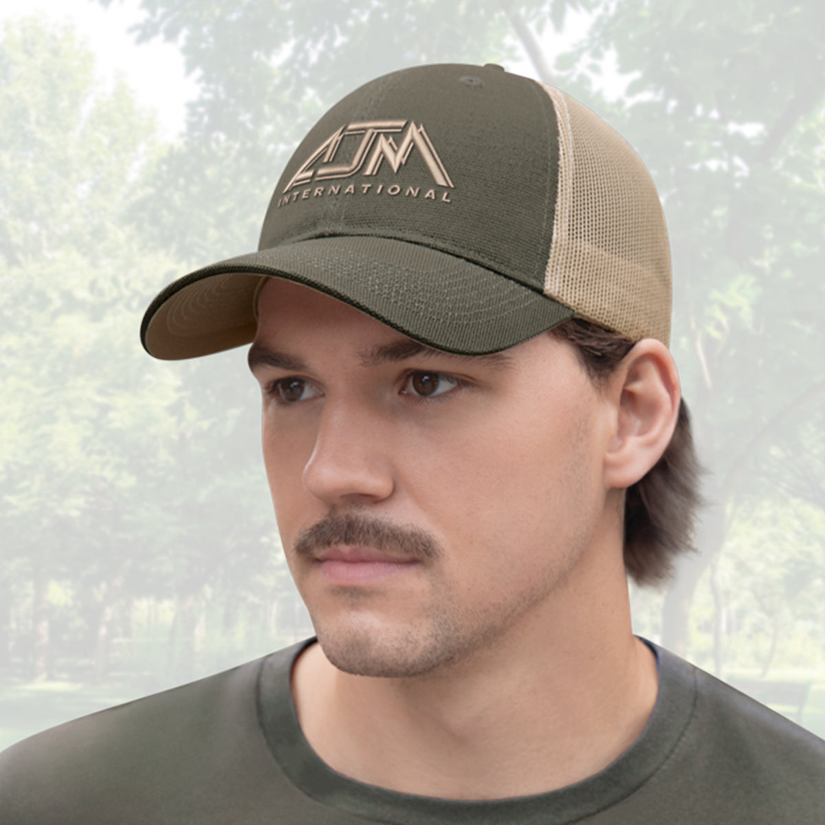 Canvas Trucker Hat – Olive/Tan (model)