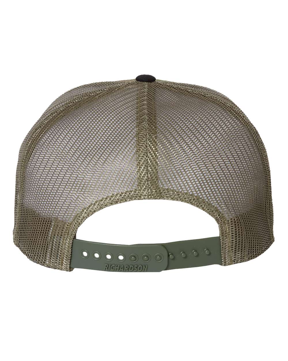 Seven-Panel Trucker Hat – Black/Camo/Loden (back)