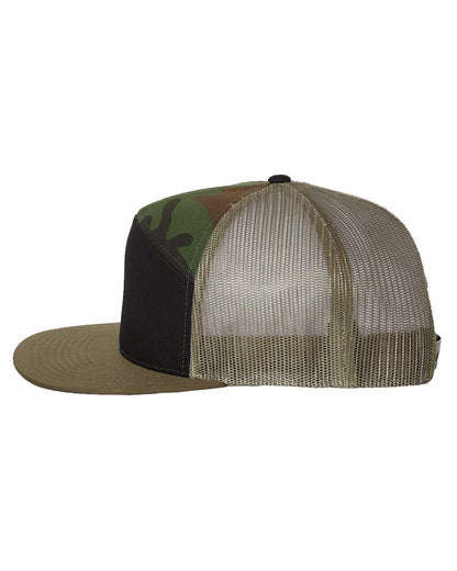 Seven-Panel Trucker Hat – Black/Camo/Loden (side)