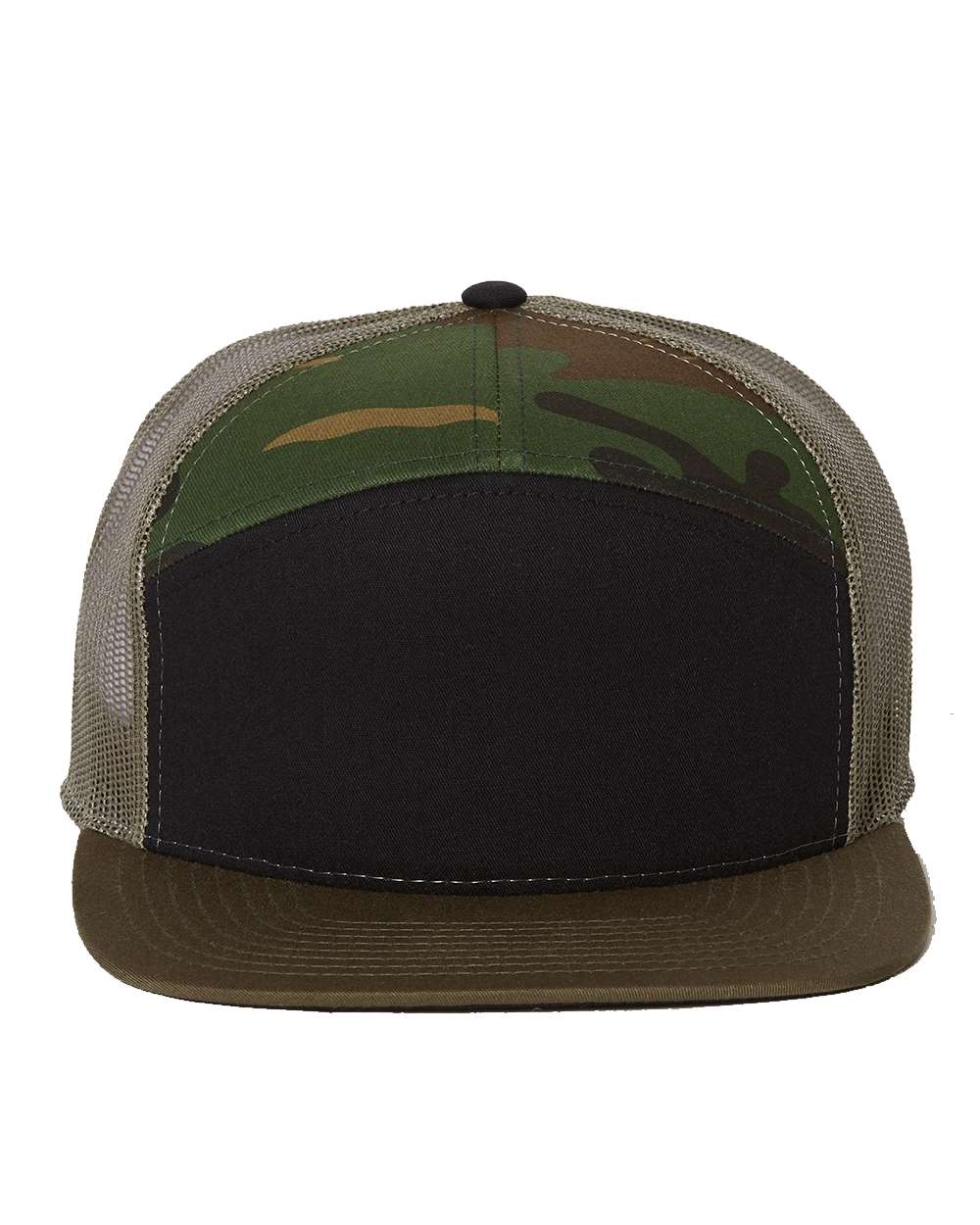 Seven-Panel Trucker Hat – Black/Camo/Loden (front)