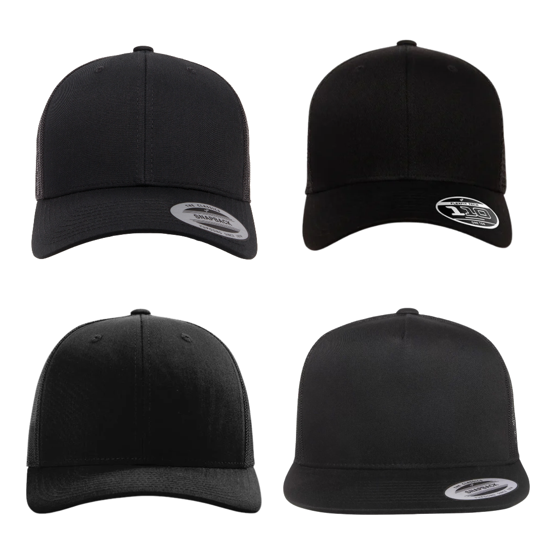 Four black trucker and snapback hat styles available in the 24 Hat Bundle – Red Sea, La Crete AB