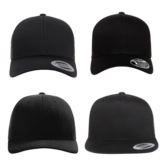Four black trucker and snapback hat styles available in the 24 Hat Bundle – Red Sea, La Crete AB