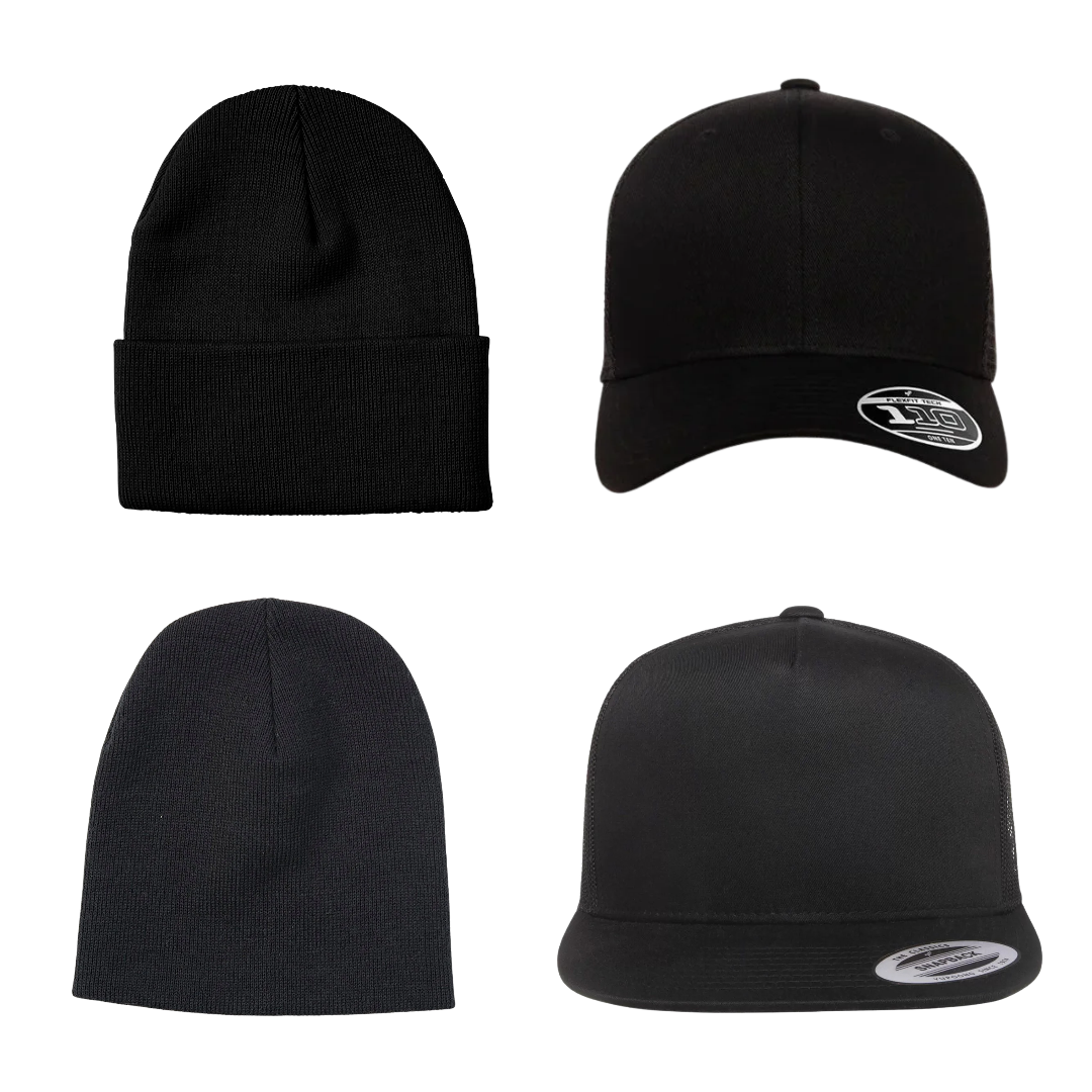 Black cuffed toque, black skull cap toque and two black trucker hats for the Seasonal Bundle – Red Sea, La Crete AB