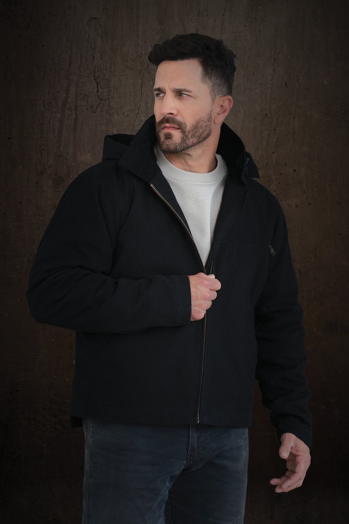 Canvas Work Jacket with Detachable Hood – Black (model)